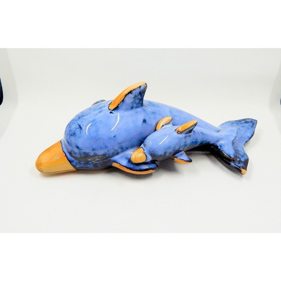 Pottery Ceramic Drip Glazed Blue Dolphin Momma and Baby Nautical Figurine Statue - Picture 1 of 6